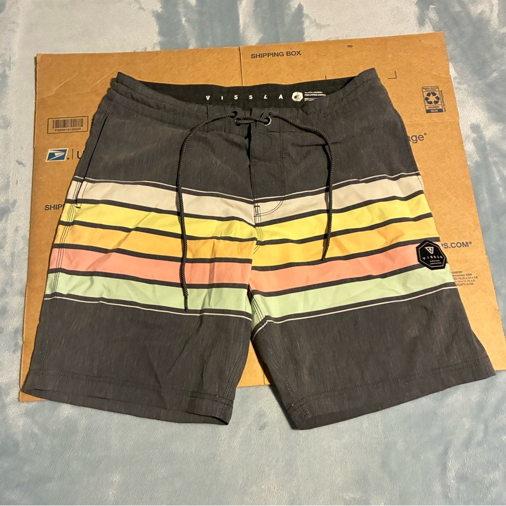 VISSLA Men's Board Shorts - Gray with Multicolor Stripes Boardies 31